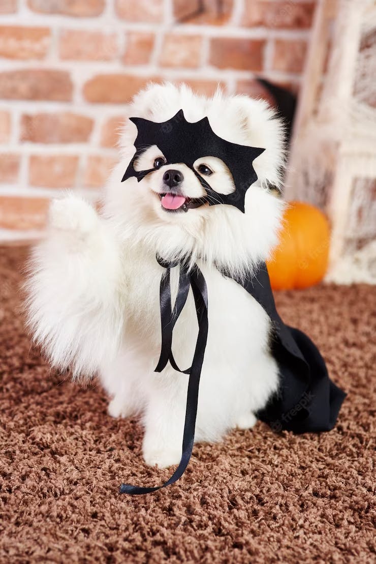 picture of a cute white pomeranian sitting and lifting a paw up. Its wearing a black mask and a black cape, its tongue is sticking out in a relaxed manner.
