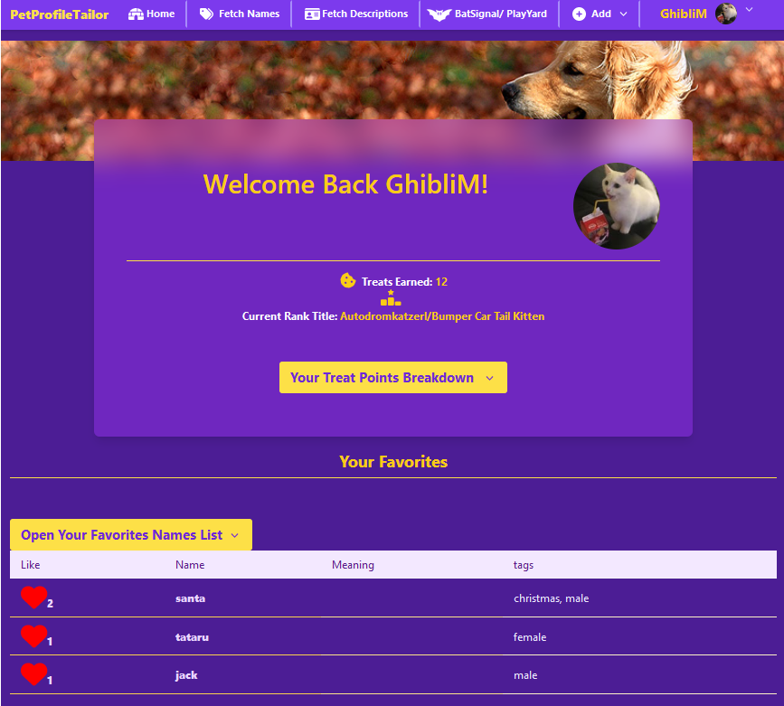 screenshot of the dashboard for the site. It says welcome back, treats earned, shows the profile image and shows a your favorite section. A list of names is seen underneath it, all which have red hearts
